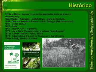 Histórico 1700s – China – cercas vivas, safras plantadas entre as arvores desenvolving Idade Media – Alemania – Waldfeldbau – agro-silvicultura. 1856 - Dietrich Brandis – Burma – inicio Taungya (Teka com arroz) 1887 – Africa do Sul 1890 – India 1960 – Robert Hart – Inglaterra. 1970 – John Bene (Canada) criao a palavra “agrofloresta” 1970s – Ernst Gotsch – Bahia, Brasil 1978 – International Council for Research in Agroforestry 1980s – Graig Elevitch – Hawaii 