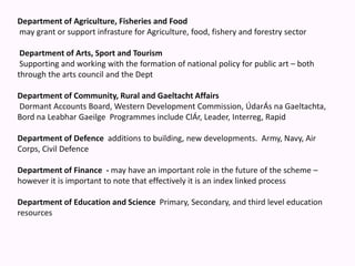 Department of Agriculture, Fisheries and Food  may grant or support infrasture for Agriculture, food, fishery and forestry sector   Department of Arts, Sport and Tourism  Supporting and working with the formation of national policy for public art – both through the arts council and the Dept Department of Community, Rural and Gaeltacht Affairs  Dormant Accounts Board, Western Development Commission, ÚdarÁs na Gaeltachta, Bord na Leabhar Gaeilge  Programmes include ClÁr, Leader, Interreg, Rapid  Department of Defence  additions to building, new developments.  Army, Navy, Air Corps, Civil Defence  Department of Finance  - may have an important role in the future of the scheme – however it is important to note that effectively it is an index linked process  Department of Education and Science  Primary, Secondary, and third level education resources