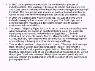 In 1910 the eagle became extinct in Ireland through a process of industrialisation. This was largely because its habitat had been affected and it was seen as a threat to livelihoods by farmers trying to protect their livestock. This time period was also one of political turmoil and struggle within Ireland with land ownership being contested on a National scale. In 2004 the Golden Eagle was reintroduced, this was at a time when Ireland’s ecological footprint was at its largest. The Celtic tiger and a growing economy meant rapid development with little thought of environmental sustainability. The project ‘Mapping Flight’ looks at issues of land use and conflict from what supposedly seems like an apolitical starting point- the eagle. By developing a relationship with the Golden Eagle Trust, O’Sullivan introduced the students from St Mary’s, Manorhamilton, Leitrim and St. Clare’s, Brollagh, Fermanagh to this once extinct and now struggling bird of prey through drawing as well as kite making and flying. They worked closely on this project with Lorcan O’Toole project manager from ‘The Irish Golden Eagle Reintroduction Project’ following the movements of Conall, a golden eagle in Leitrim. The students built kites that they then flew at one of the sites that Conall was roosting on. During the project Conall was poisoned. The project responds poetically and critically through the collaboration with the creation of film, drawing and photographic work.