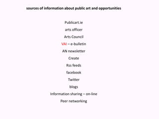 sources of information about public art and opportunitiesPublicart.iearts officerArts CouncilVAI – e-bulletinAN newsletter Create Rss feedsfacebookTwitter blogs Information sharing – on-line Peer networking 
