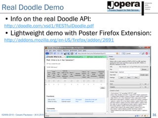 Real Doodle Demo
  • Info on the real Doodle API:
  http://doodle.com/xsd1/RESTfulDoodle.pdf
  • Lightweight demo with Pos...