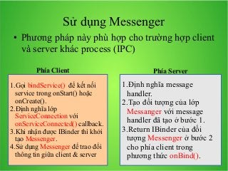 Sử dụng Messenger
●

Phương pháp này phù hợp cho trường hợp client
và server khác process (IPC)
Phía Client

1.Gọi bindService() để kết nối
service trong onStart() hoặc
onCreate().
2.Định nghĩa lớp
ServiceConnection với
onServiceConnected() callback.
3.Khi nhận được IBinder thì khởi
tạo Messenger.
4.Sử dụng Messenger để trao đổi
thông tin giữa client & server

Phía Server

1.Định nghĩa message
handler.
2.Tạo đối tượng của lớp
Messanger với message
handler đã tạo ở bước 1.
3.Return IBinder của đối
tượng Messenger ở bước 2
cho phía client trong
phương thức onBind().

 