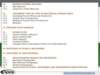 www.entrepreneurindia.co
12. MANUFACTURING PROCESS
12.1. Raw Material
12.2. Inspection of Raw Materials
13. DIFFERENT TYPE OF TEST IN ELECTRICAL POWER CABLE
13.1. Annealing Test for Wires and Conductors
13.2. Tensile Test of Conductors
13.3. Method of Tensile Test of Conductors
13.4. Methods
14. PROCESS FLOW DIAGRAM
15. BUYER’S LIST
15.1. Contact Details of Buyer’s
15.2. Name of Director(S)
15.3. Plant Capacity
15.4. Location of Plant
15.5. Company Wise Consumption Detail of the Raw Materials
16. SUPPLIERS OF PLANT & MACHINERY
17. SUPPLIERS OF RAW MATERIAL
18. PHOTOGRAPHS/IMAGES FOR REFERENCE
18.1. Machinery Photographs
18.2. Raw Material Photographs
18.3. Product Photographs
19. QUOTATION OF PLANT, MACHINERY AND EQUIPMENTS FROM SUPPLIER
 