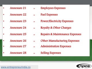 • Annexure 21 :: Employees Expenses
• Annexure 22 :: Fuel Expenses
• Annexure 23 :: Power/Electricity Expenses
• Annexure 24 :: Royalty & Other Charges
• Annexure 25 :: Repairs & Maintenance Expenses
• Annexure 26 :: Other Manufacturing Expenses
• Annexure 27 :: Administration Expenses
• Annexure 28 :: Selling Expenses
www.entrepreneurindia.co
 