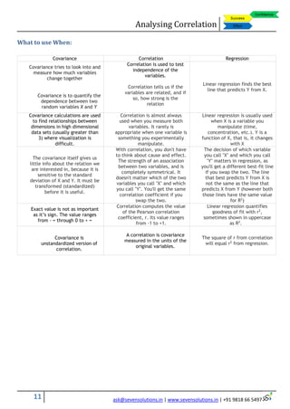 Analysing Correlation
11 ask@sevensolutions.in | www.sevensolutions.in | +91 9818 66 5497
What to use When:
Covariance Correlation Regression
Covariance tries to look into and
measure how much variables
change together
Covariance is to quantify the
dependence between two
random variables X and Y
Correlation is used to test
independence of the
variables.
Correlation tells us if the
variables are related, and if
so, how strong is the
relation
Linear regression finds the best
line that predicts Y from X.
Covariance calculations are used
to find relationships between
dimensions in high dimensional
data sets (usually greater than
3) where visualization is
difficult.
Correlation is almost always
used when you measure both
variables. It rarely is
appropriate when one variable is
something you experimentally
manipulate.
Linear regression is usually used
when X is a variable you
manipulate (time,
concentration, etc.). Y is a
function of X, that is, it changes
with X
The covariance itself gives us
little info about the relation we
are interested in, because it is
sensitive to the standard
deviation of X and Y. It must be
transformed (standardized)
before it is useful.
With correlation, you don't have
to think about cause and effect.
The strength of an association
between two variables, and is
completely symmetrical. It
doesn't matter which of the two
variables you call "X" and which
you call "Y". You'll get the same
correlation coefficient if you
swap the two.
The decision of which variable
you call "X" and which you call
"Y" matters in regression, as
you'll get a different best-fit line
if you swap the two. The line
that best predicts Y from X is
not the same as the line that
predicts X from Y (however both
those lines have the same value
for R2
)
Exact value is not as important
as it’s sign. The value ranges
from - ∞ through 0 to + ∞
Correlation computes the value
of the Pearson correlation
coefficient, r. Its value ranges
from -1 to +1.
Linear regression quantifies
goodness of fit with r2
,
sometimes shown in uppercase
as R2
.
Covariance is
unstandardized version of
correlation.
A correlation is covariance
measured in the units of the
original variables.
The square of r from correlation
will equal r2
from regression.
 