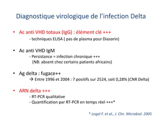 Diagnostique virologique de l’infection Delta
• Ac anti VHD totaux (IgG) : élément clé +++
- techniques ELISA ( pas de plasma pour Diasorin)
• Ac anti VHD IgM
- Persistance = infection chronique +++
(NB: absent chez certains patients africains)
• Ag delta : fugace++
 Entre 1996 et 2004 : 7 positifs sur 2524, soit 0,28% (CNR Delta)
• ARN delta +++
- RT-PCR qualitative
- Quantification par RT-PCR en temps réel +++*
* Legal F. et al., J. Clin. Microbiol. 2005
 