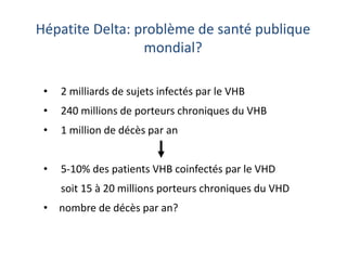 Hépatite Delta: problème de santé publique
mondial?
• 2 milliards de sujets infectés par le VHB
• 240 millions de porteurs chroniques du VHB
• 1 million de décès par an
• 5-10% des patients VHB coinfectés par le VHD
soit 15 à 20 millions porteurs chroniques du VHD
• nombre de décès par an?
 