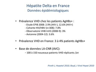 Hépatite Delta en France
Données épidémiologiques
• Prévalence VHD chez les patients AgHBs+ :
- Etude EPIB 2008: 2.9% (HIV-), 12.6% (HIV+)
- Cohorte HIV/HBV (n=308): 7.8%
- Observatoire VHB InVS (2008-9): 3%
- Avicenne (2004-12): 3.6%
• Prévalence VHD en France: 3 à 4% patients AgHBs+
• Base de données LA-CNR (AVC):
- 100 à 150 nouveaux patients VHD réplicants /an
Piroth J, Hepatol 2010; Boyd, J Viral Hepat 2010
 