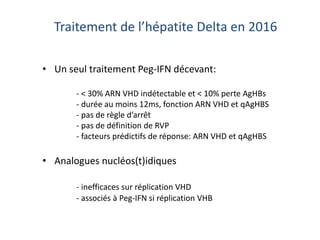 Traitement de l’hépatite Delta en 2016
• Un seul traitement Peg-IFN décevant:
- < 30% ARN VHD indétectable et < 10% perte AgHBs
- durée au moins 12ms, fonction ARN VHD et qAgHBS
- pas de règle d’arrêt
- pas de définition de RVP
- facteurs prédictifs de réponse: ARN VHD et qAgHBS
• Analogues nucléos(t)idiques
- inefficaces sur réplication VHD
- associés à Peg-IFN si réplication VHB
 