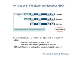 Myrcludex B, inhibiteur du récepteur NTCP
- Lipopeptide dérivé de la protéine pré-S1 du VHB se lie au NTCP
- Inhibe:
- fonction de récepteur au VHB et VHD
- captation intra hépatocytaire des ac. biliaires
- Cible spécifiquement les hépatocytes après injection sous-cut
MYR GmbH, Heidelberg, Allemagne
 