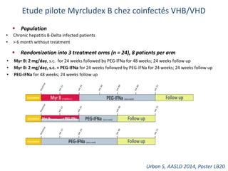 • Chronic hepatitis B-Delta infected patients
• > 6 month without treatment
 Population
 Randomization into 3 treatment arms (n = 24), 8 patients per arm
• Myr B: 2 mg/day, s.c. for 24 weeks followed by PEG-IFNa for 48 weeks; 24 weeks follow up
• Myr B: 2 mg/day, s.c. + PEG-IFNa for 24 weeks followed by PEG-IFNa for 24 weeks; 24 weeks follow up
• PEG-IFNa for 48 weeks; 24 weeks follow up
Urban S, AASLD 2014, Poster LB20
Etude pilote Myrcludex B chez coinfectés VHB/VHD
 