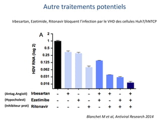 Blanchet M et al, Antiviral Research 2014
Autre traitements potentiels
Irbesartan, Ezetimide, Ritonavir bloquent l’infection par le VHD des cellules Huh7/hNTCP
(Antag.AngioII)
(Hypocholest)
(Inhibiteur prot)
 