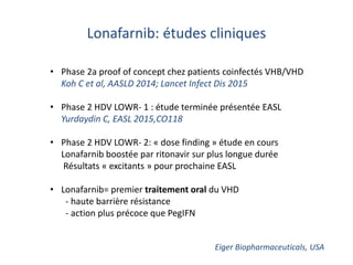 Lonafarnib: études cliniques
• Phase 2a proof of concept chez patients coinfectés VHB/VHD
Koh C et al, AASLD 2014; Lancet Infect Dis 2015
• Phase 2 HDV LOWR- 1 : étude terminée présentée EASL
Yurdaydin C, EASL 2015,CO118
• Phase 2 HDV LOWR- 2: « dose finding » étude en cours
Lonafarnib boostée par ritonavir sur plus longue durée
Résultats « excitants » pour prochaine EASL
• Lonafarnib= premier traitement oral du VHD
- haute barrière résistance
- action plus précoce que PegIFN
Eiger Biopharmaceuticals, USA
 