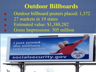 Outdoor Billboards
■ Outdoor billboard posters placed: 1,372
■ 27 markets in 19 states
■ Estimated value: $1,388,282
■ Gross Impressions: 305 million
 