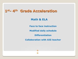 11stst
- 4- 4thth
Grade AccelerationGrade Acceleration
Math & ELA
Face to face instruction
Modified daily schedule
Differentiation
Collaboration with AIG teacher


 