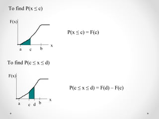 a b
F(x)
x
To find P(x ≤ c)
c
c da b
F(x)
x
To find P(c ≤ x ≤ d)
P(x ≤ c) = F(c)
P(c ≤ x ≤ d) = F(d) – F(c)
 