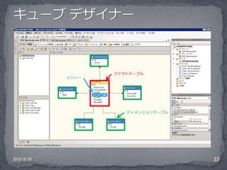 ファクトテーブル
            メジャー




                      ディメンジョンテーブル




2010/3/19                           23
 