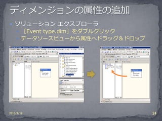  ソリューション エクスプローラ
     ［Event type.dim］をダブルクリック
     データソースビューから属性へドラッグ＆ドロップ




2010/3/19                        24
 
