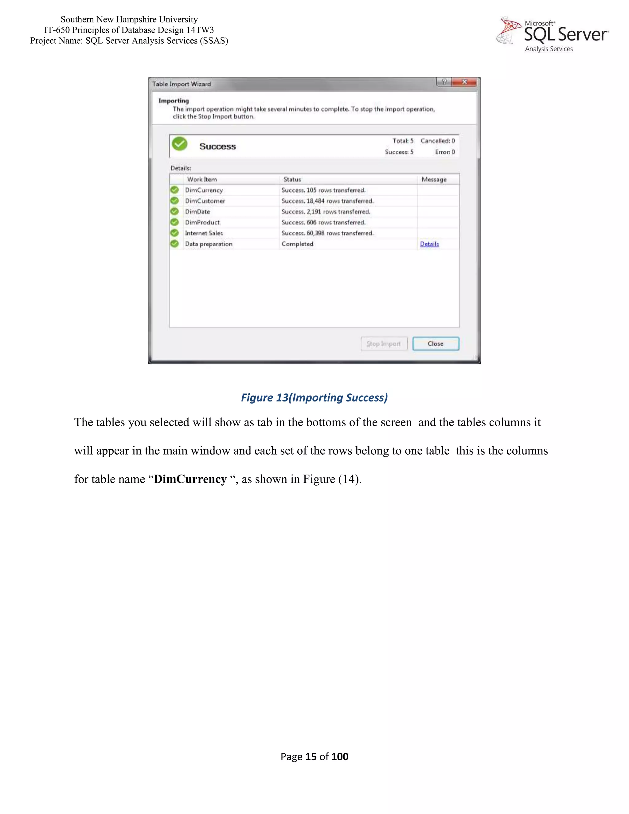 Southern New Hampshire University
IT-650 Principles of Database Design 14TW3
Project Name: SQL Server Analysis Services (SSAS)
Page 15 of 100
Figure 13(Importing Success)
The tables you selected will show as tab in the bottoms of the screen and the tables columns it
will appear in the main window and each set of the rows belong to one table this is the columns
for table name “DimCurrency “, as shown in Figure (14).
 