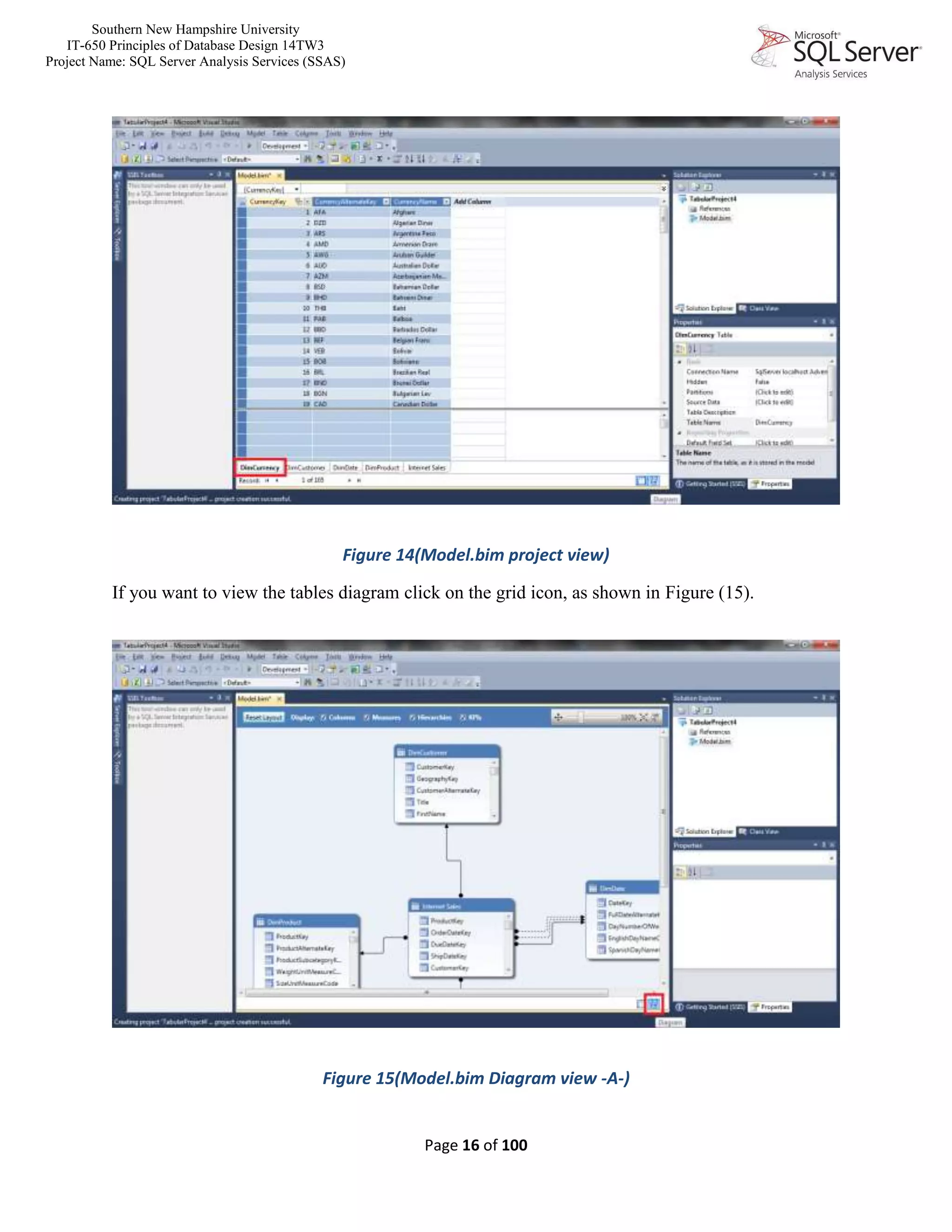 Southern New Hampshire University
IT-650 Principles of Database Design 14TW3
Project Name: SQL Server Analysis Services (SSAS)
Page 16 of 100
Figure 14(Model.bim project view)
If you want to view the tables diagram click on the grid icon, as shown in Figure (15).
Figure 15(Model.bim Diagram view -A-)
 