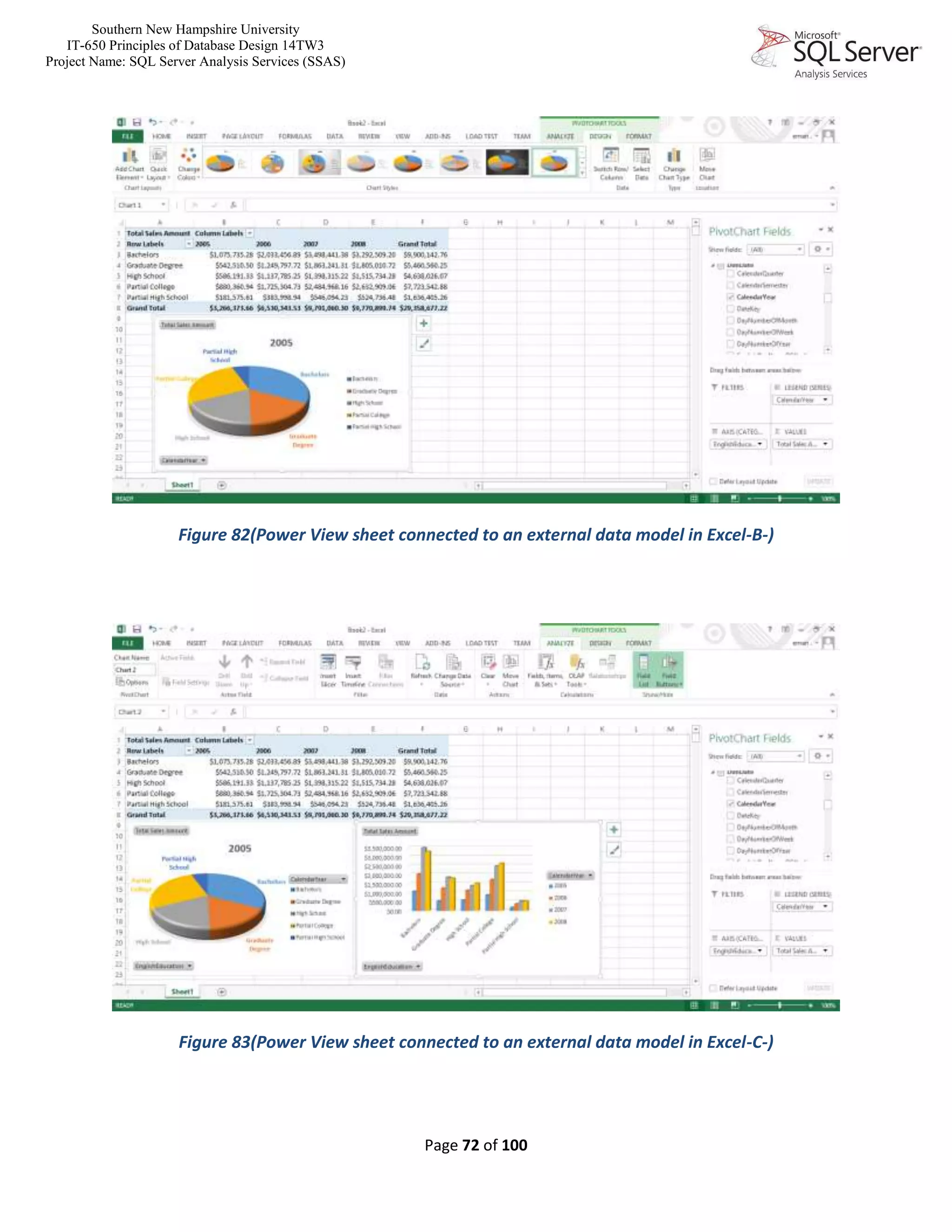 Southern New Hampshire University
IT-650 Principles of Database Design 14TW3
Project Name: SQL Server Analysis Services (SSAS)
Page 72 of 100
Figure 82(Power View sheet connected to an external data model in Excel-B-)
Figure 83(Power View sheet connected to an external data model in Excel-C-)
 