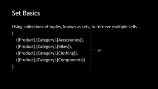 Set Basics
Using collections of tuples, known as sets, to retrieve multiple cells
{
([Product].[Category].[Accessories]),
([Product].[Category].[Bikes]),
([Product].[Category].[Clothing]),
([Product].[Category].[Components])
}
SET
 