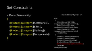Set Constraints
• Shared hierarchality
{
([Product].[Category].[Accessories]),
([Product].[Category].[Bikes]),
([Product].[Category].[Clothing]),
([Product].[Category].[Components])
}
SELECT
{
([Date].[Calendar].[CY 2002],
[Geography].[Country].[United States]),
([Date].[Calendar].[CY 2003],
[Geography].[Country].[United States]),
([Date].[Calendar].[CY 2004],
[Geography].[Country].[United States])
} ON COLUMNS,
{
([Product].[Category].[Accessories]),
([Product].[Category].[Bikes]),
([Product].[Category].[Clothing]),
([Product].[Category].[Components]),
([Product].[Subcategory].[Mountain Bikes])
} ON ROWS
FROM [Step-by-Step]
Incorrect Hierarchy in the Set
 