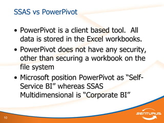 10
SSAS vs PowerPivot
• PowerPivot is a client based tool. All
data is stored in the Excel workbooks.
• PowerPivot does not have any security,
other than securing a workbook on the
file system
• Microsoft position PowerPivot as “Self-
Service BI” whereas SSAS
Multidimensional is “Corporate BI”
 