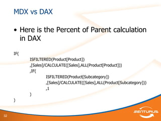 32
MDX vs DAX
• Here is the Percent of Parent calculation
in DAX
IF(
ISFILTERED(Product[Product])
,[Sales]/CALCULATE([Sales],ALL(Product[Product]))
,IF(
ISFILTERED(Product[Subcategory])
,[Sales]/CALCULATE([Sales],ALL(Product[Subcategory]))
,1
)
)
 