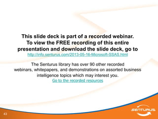 43
This slide deck is part of a recorded webinar.
To view the FREE recording of this entire
presentation and download the slide deck, go to
http://info.senturus.com/2013-05-16-Microsoft-SSAS.html
The Senturus library has over 90 other recorded
webinars, whitepapers, and demonstrations on assorted business
intelligence topics which may interest you.
Go to the recorded resources
 