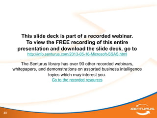 48
This slide deck is part of a recorded webinar.
To view the FREE recording of this entire
presentation and download the slide deck, go to
http://info.senturus.com/2013-05-16-Microsoft-SSAS.html
The Senturus library has over 90 other recorded webinars,
whitepapers, and demonstrations on assorted business intelligence
topics which may interest you.
Go to the recorded resources
 