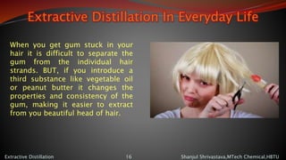 Extractive Distillation In Everyday Life
Shanjul Shrivastava,MTech Chemical,HBTUExtractive Distillation 16
When you get gum stuck in your
hair it is difficult to separate the
gum from the individual hair
strands. BUT, if you introduce a
third substance like vegetable oil
or peanut butter it changes the
properties and consistency of the
gum, making it easier to extract
from you beautiful head of hair.
 