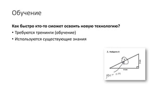 Обучение
Как быстро кто-то сможет освоить новую технологию?
• Требуются тренинги (обучение)
• Используются существующие знания
 