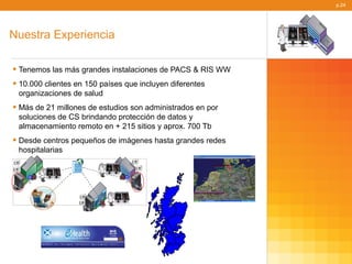p.24




Nuestra Experiencia

• Tenemos las más grandes instalaciones de PACS & RIS WW
• 10.000 clientes en 150 países que incluyen diferentes
 organizaciones de salud
• Más de 21 millones de estudios son administrados en por
 soluciones de CS brindando protección de datos y
 almacenamiento remoto en + 215 sitios y aprox. 700 Tb
• Desde centros pequeños de imágenes hasta grandes redes
 hospitalarias
 