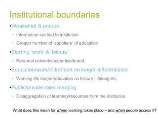 Institutional boundaries Weakened & porous Information not tied to institution Greater number of ‘suppliers’ of education Blurring ‘work’ & ‘leisure’ Personal networks/expertise/brand Education/work/retirement no longer differentiated Working life longer/education as leisure, lifelong etc Public/private roles merging Disaggregation of learning/resources from the institution What does this mean for  where  learning takes place – and  when  people access it? 