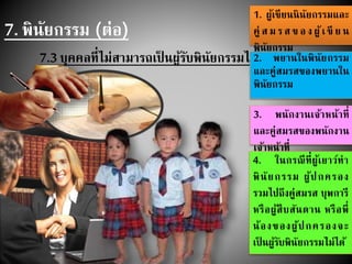 7. พินัยกรรม (ต่อ)
7.3 บุคคลที่ไม่สามารถเป็ นผู้รับพินัยกรรมได้
1. ผู้เขียนนินัยกรรมและ
คู่ สมรสของผู้เขี ยน
พินัยกรรม
2. พยานในพินัยกรรม
และคู่สมรสของพยานใน
พินัยกรรม
3. พนักงานเจ้าหน้าที่
และคู่สมรสของพนักงาน
เจ้าหน้าที่
4. ในกรณีที่ผู้เยาว์ทา
พินัยกรรม ผู้ปกครอง
รวมไปถึงคู่สมรส บุพการี
หรือผู้สืบสันดาน หรือพี่
น้องของผู้ปกครองจะ
เป็ นผู้รับพินัยกรรมไม่ได้
 