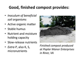 Good, finished compost provides:
• Inoculum of beneficial
soil organisms
• Active organic matter
• Stable humus
• Nutrient and moisture
holding capacity
• Slow-release nutrients
Finished compost produced
• Extra P, also K, S,
at Poplar Manor Enterprises
micronutrients
in Riner, VA

 