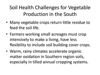 Soil Health Challenges for Vegetable
Production in the South
• Many vegetable crops return little residue to
feed the soil life.
• Farmers working small acreages must crop
intensively to make a living, have less
flexibility to include soil building cover crops.
• Warm, rainy climates accelerate organic
matter oxidation in Southern region soils,
especially in tilled annual cropping systems.

 