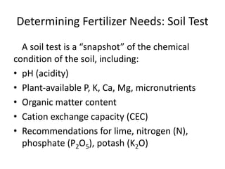 Determining Fertilizer Needs: Soil Test
A soil test is a “snapshot” of the chemical
condition of the soil, including:
• pH (acidity)
• Plant-available P, K, Ca, Mg, micronutrients
• Organic matter content
• Cation exchange capacity (CEC)
• Recommendations for lime, nitrogen (N),
phosphate (P2O5), potash (K2O)

 