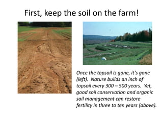First, keep the soil on the farm!

Once the topsoil is gone, it’s gone
(left). Nature builds an inch of
topsoil every 300 – 500 years. Yet,
good soil conservation and organic
soil management can restore
fertility in three to ten years (above).

 