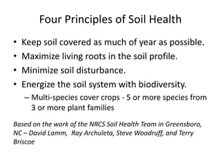 Four Principles of Soil Health
•
•
•
•

Keep soil covered as much of year as possible.
Maximize living roots in the soil profile.
Minimize soil disturbance.
Energize the soil system with biodiversity.
– Multi-species cover crops - 5 or more species from
3 or more plant families

Based on the work of the NRCS Soil Health Team in Greensboro,
NC – David Lamm, Ray Archuleta, Steve Woodruff, and Terry
Briscoe

 