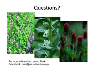 Questions?

For more information, contact Mark
Schonbeck, mark@abundantdawn.org

 