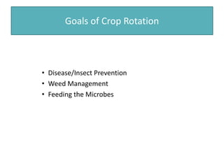 Goals of Crop Rotation
• Disease/Insect Prevention
• Weed Management
• Feeding the Microbes
 