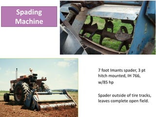 Spading
Machine
7 foot Imants spader, 3 pt
hitch mounted, IH 766,
w/85 hp
Spader outside of tire tracks,
leaves complete open field.
 