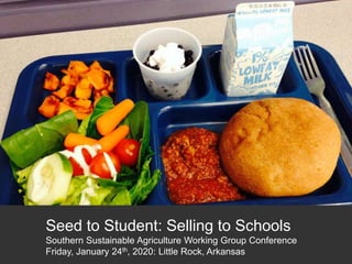 Seed to Student: Selling to Schools
Southern Sustainable Agriculture Working Group Conference
Friday, January 24th, 2020: Little Rock, Arkansas
 