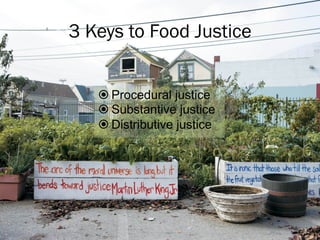 3 Keys to Food Justice


   ž Procedural justice
   ž Substantive justice
   ž Distributive justice
   ž    From:	
  Sustainable	
  Communi2es	
  and	
  the	
  Challenge	
  of	
  Environmental	
  Jus2ce,	
  Julian	
  Agyeman,	
  2005,	
  p	
  26	
  
 