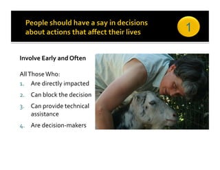 1

Involve Early and Often 

All Those Who: 
1.  Are directly impacted 
2.  Can block the decision 
3.  Can provide technical 
    assistance 
4.  Are decision‐makers 
 