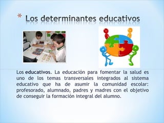 Los educativos. La educación para fomentar la
uno de los temas transversales integrados al
educativo que ha de asumir la comunidad
profesorado, alumnado, padres y madres con el
de conseguir la formación integral del alumno.

salud es
sistema
escolar:
objetivo

 
