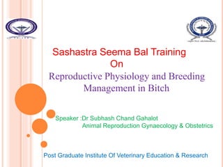 Reproductive Physiology and Breeding
Management in Bitch
Speaker :Dr Subhash Chand Gahalot
Animal Reproduction Gynaecology & Obstetrics
Sashastra Seema Bal Training
On
Post Graduate Institute Of Veterinary Education & Research
 