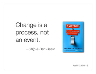 Change is a
process, not
an event.
   - Chip & Dan Heath



                        #ssbi12 #blc12
 